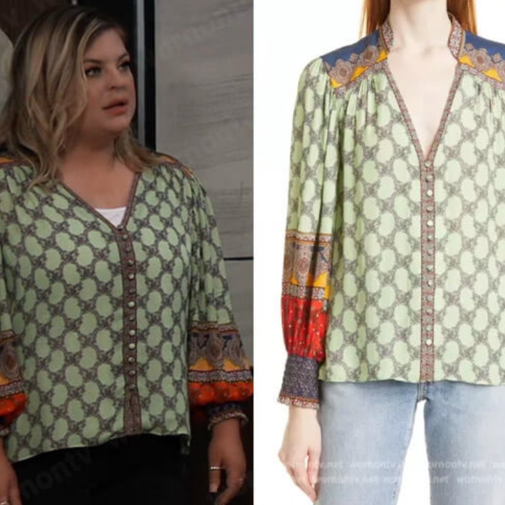 Alice + Olivia Serena Mixed Print Silk Blouse – Size P (Fits XS–S)